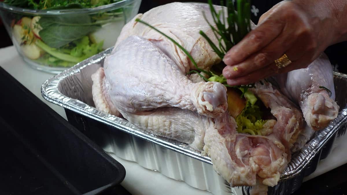 Hands adding vegetables and herbs inside the cavity of an uncooked whole turkey before roasting.