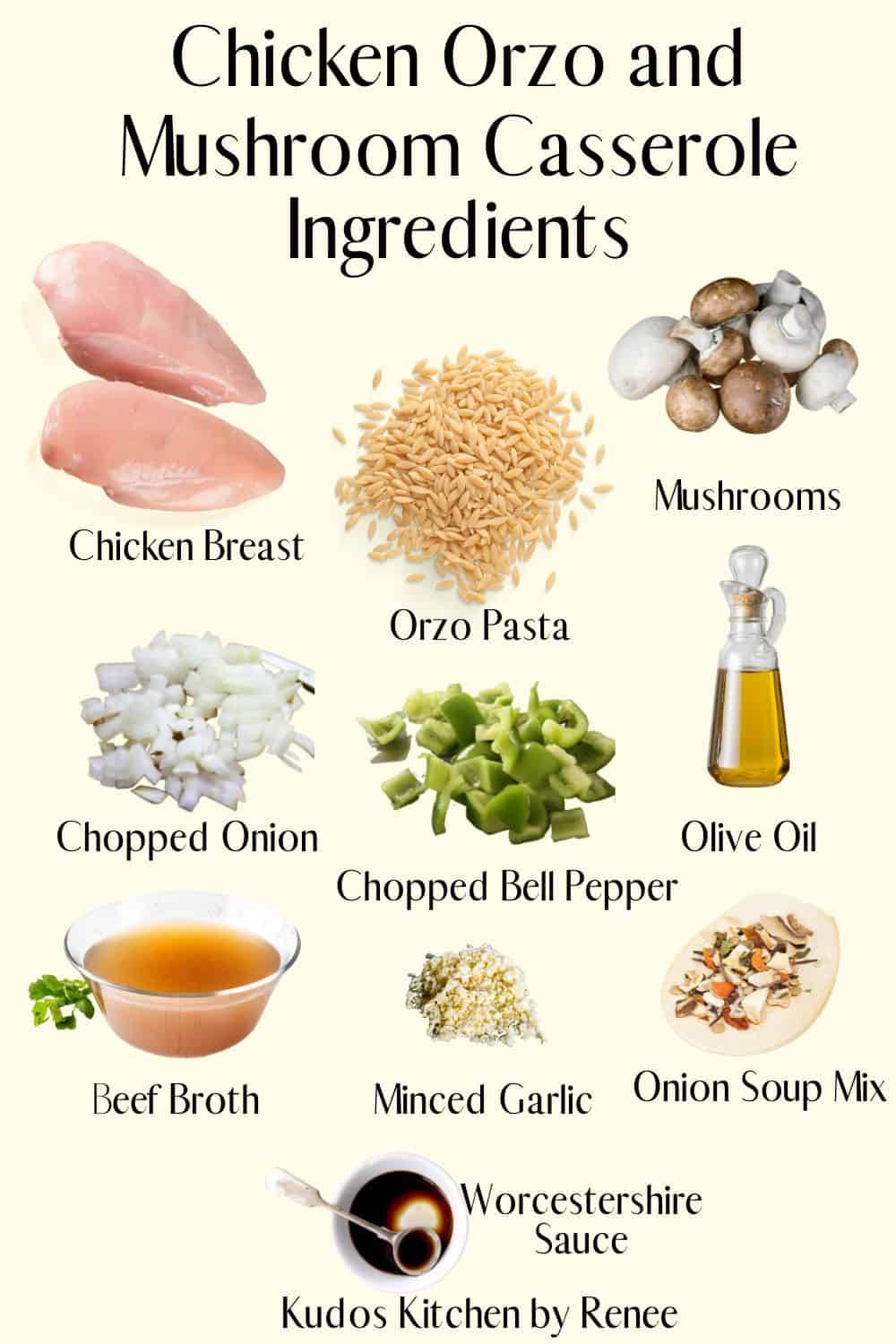 A visual ingredient list for how to make Chicken Orzo Mushroom Casserole.