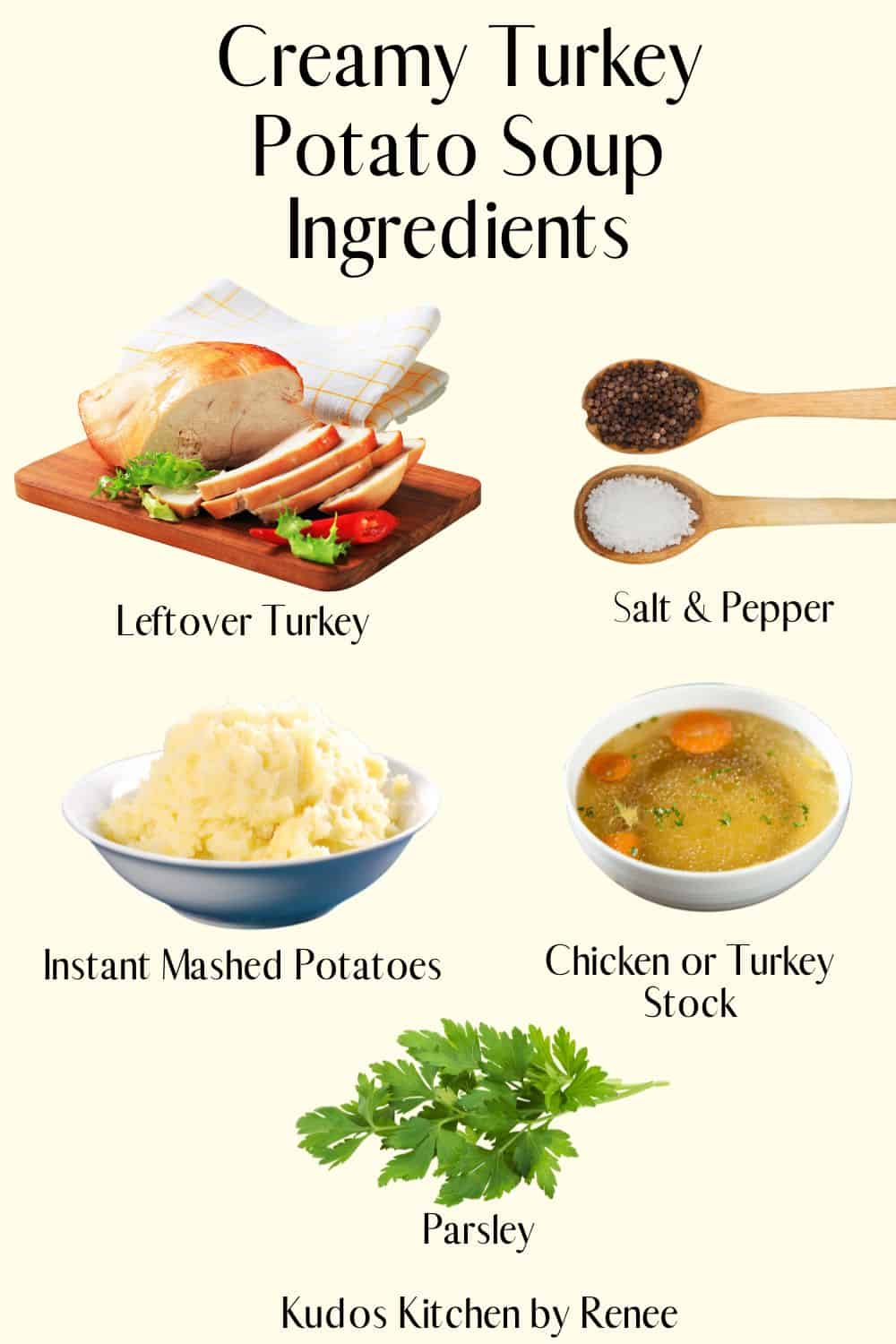 A visual ingredient list for how to make 15 Minute Creamy Turkey Potato Soup.