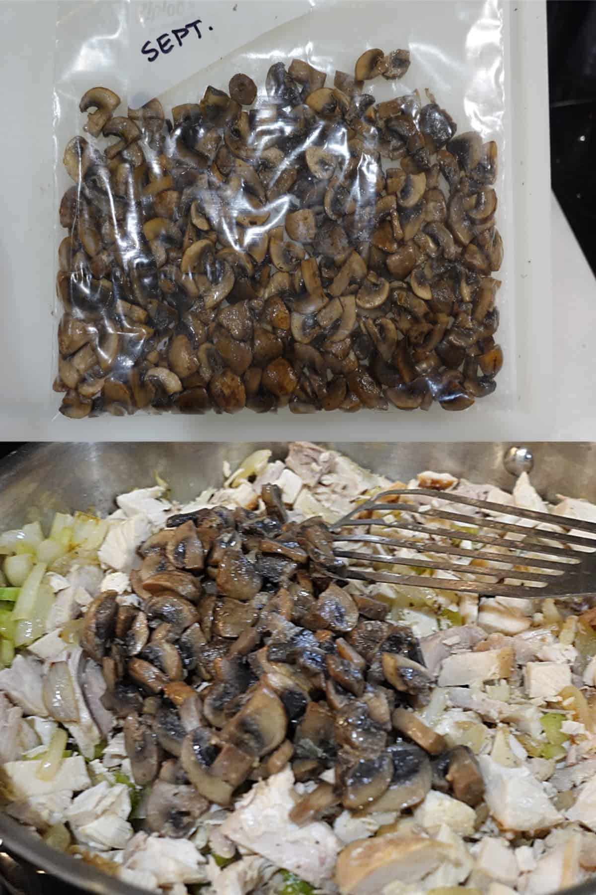 Two images of Sauteed Mushrooms for Freezing and in a recipe.