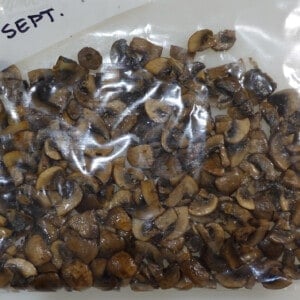 A bunch of Sauteed Mushrooms for Freezing in a plastic zip top bag.