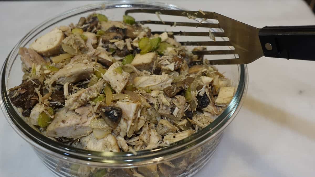 Turkey tetrazzini without the noodles in a glass bowl.