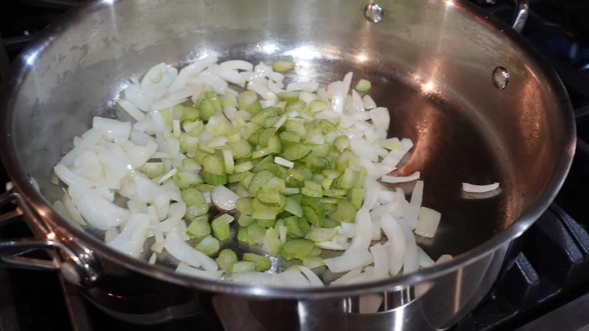 Chopped onion and celery in a large skillet.
