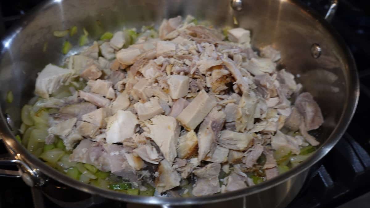 Leftover turkey in a skillet.