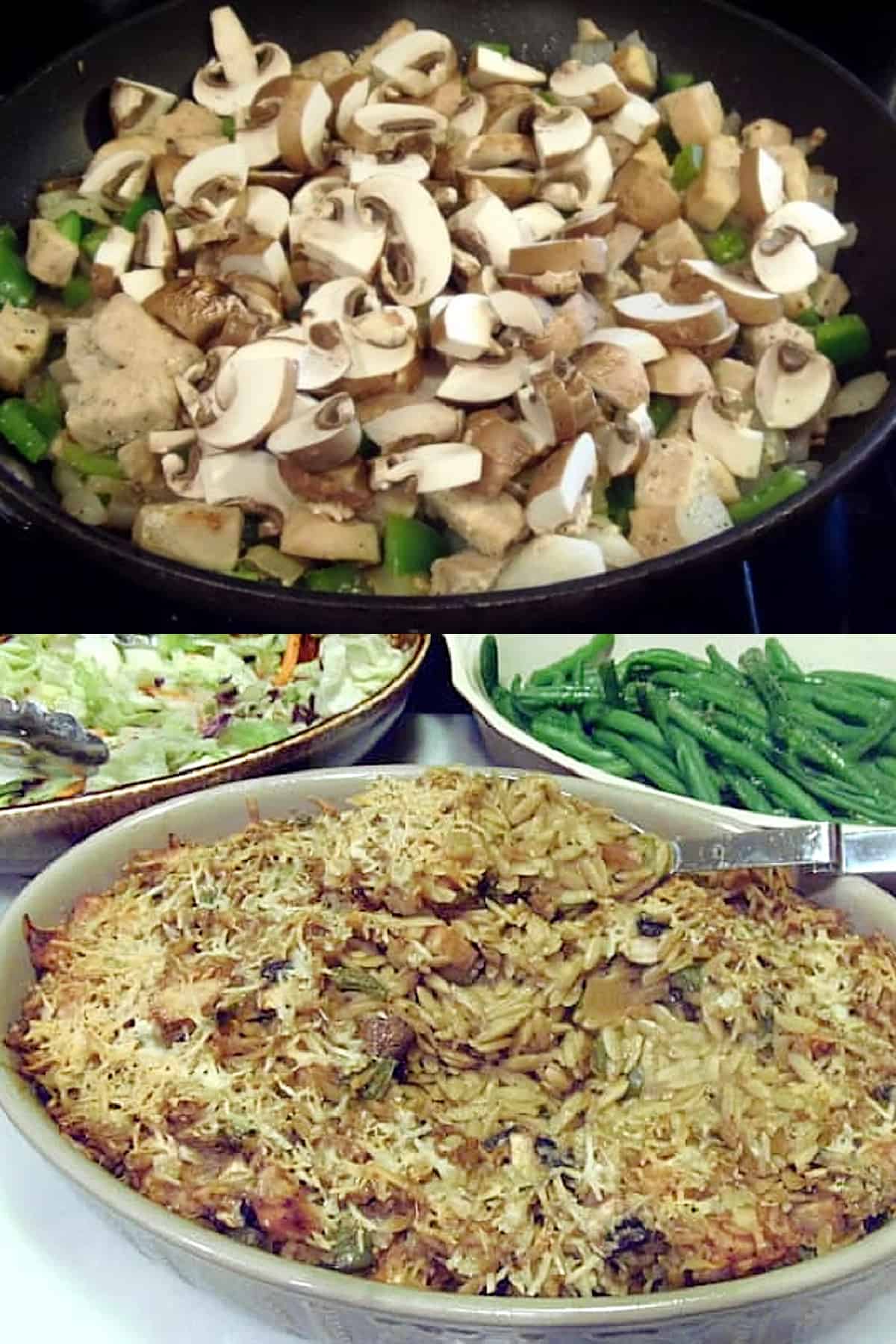 Two images of Chicken Orzo and Mushroom Casserole in two stages of preparation.
