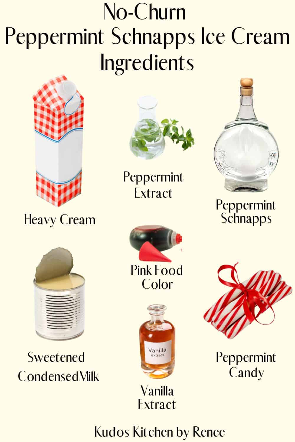 A visual ingredient list for how to make No-Churn Peppermint Schnapps Ice Cream.