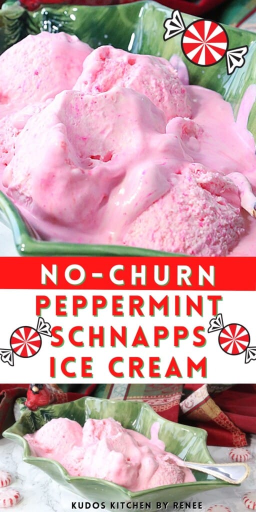 Two images of No-Churn Peppermint Schnapps Ice Cream in a green bowl with a spoon.