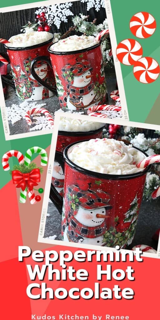 Two images in a collage for Peppermint White Hot Chocolate.