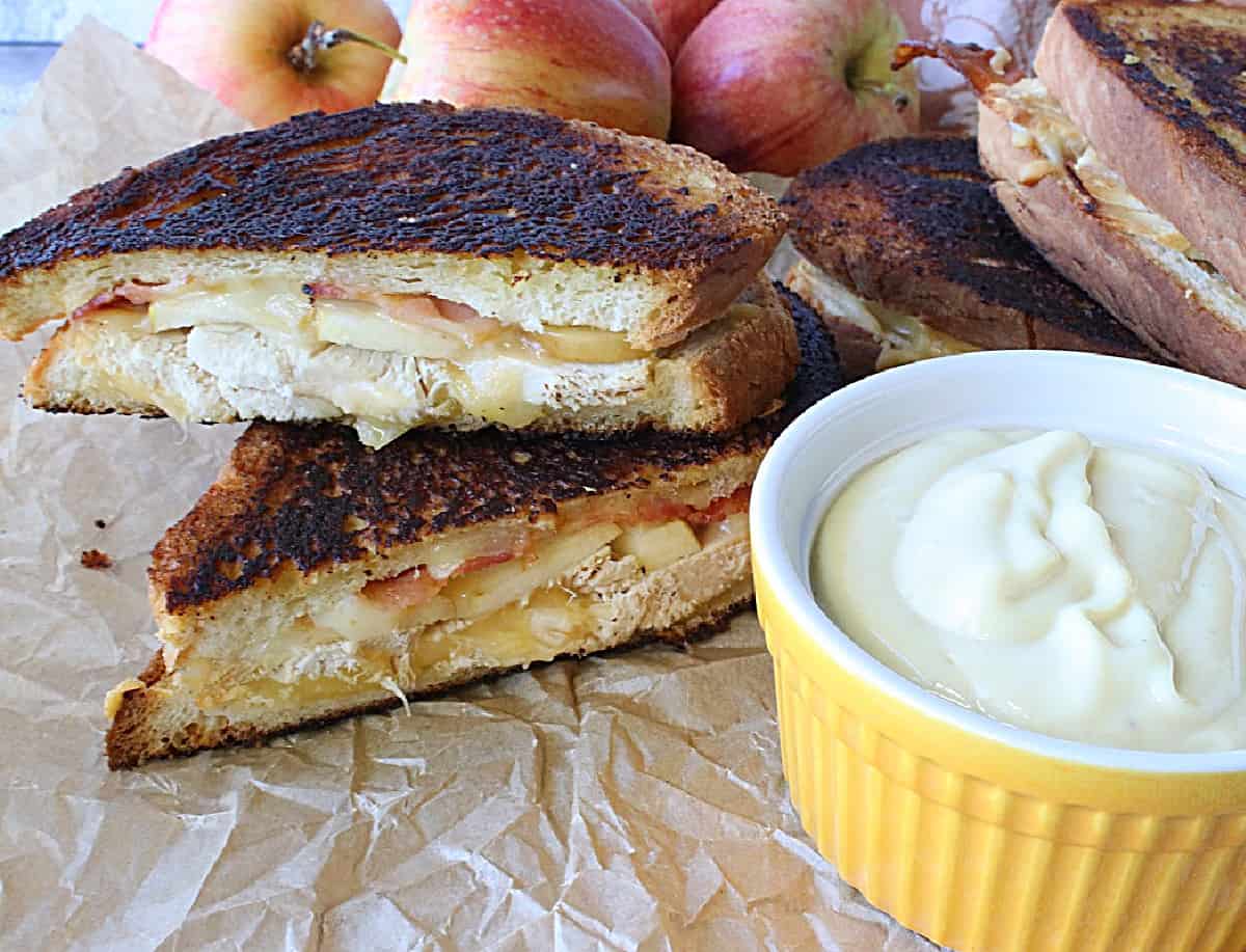 A leftover Turkey and Smoked Gouda Grilled Cheese Sandwich with dipping sauce.