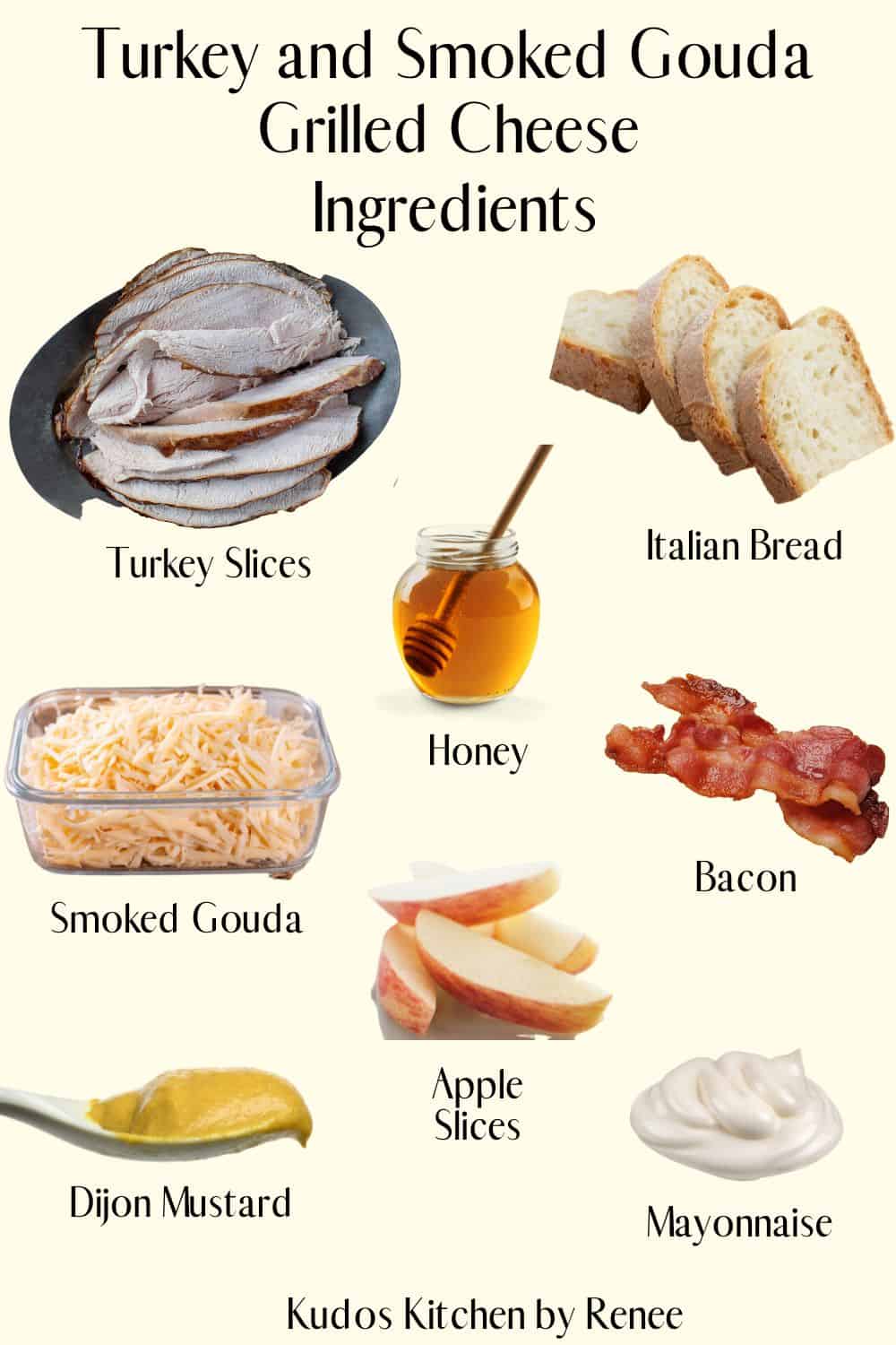 A visual ingredient list for making Turkey and Smoked Gouda Grilled Cheese.