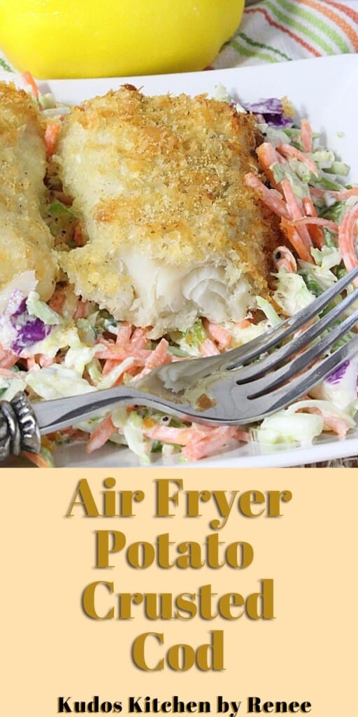 The inside of an air fryer potato crusted cod fillet with a title text graphic.