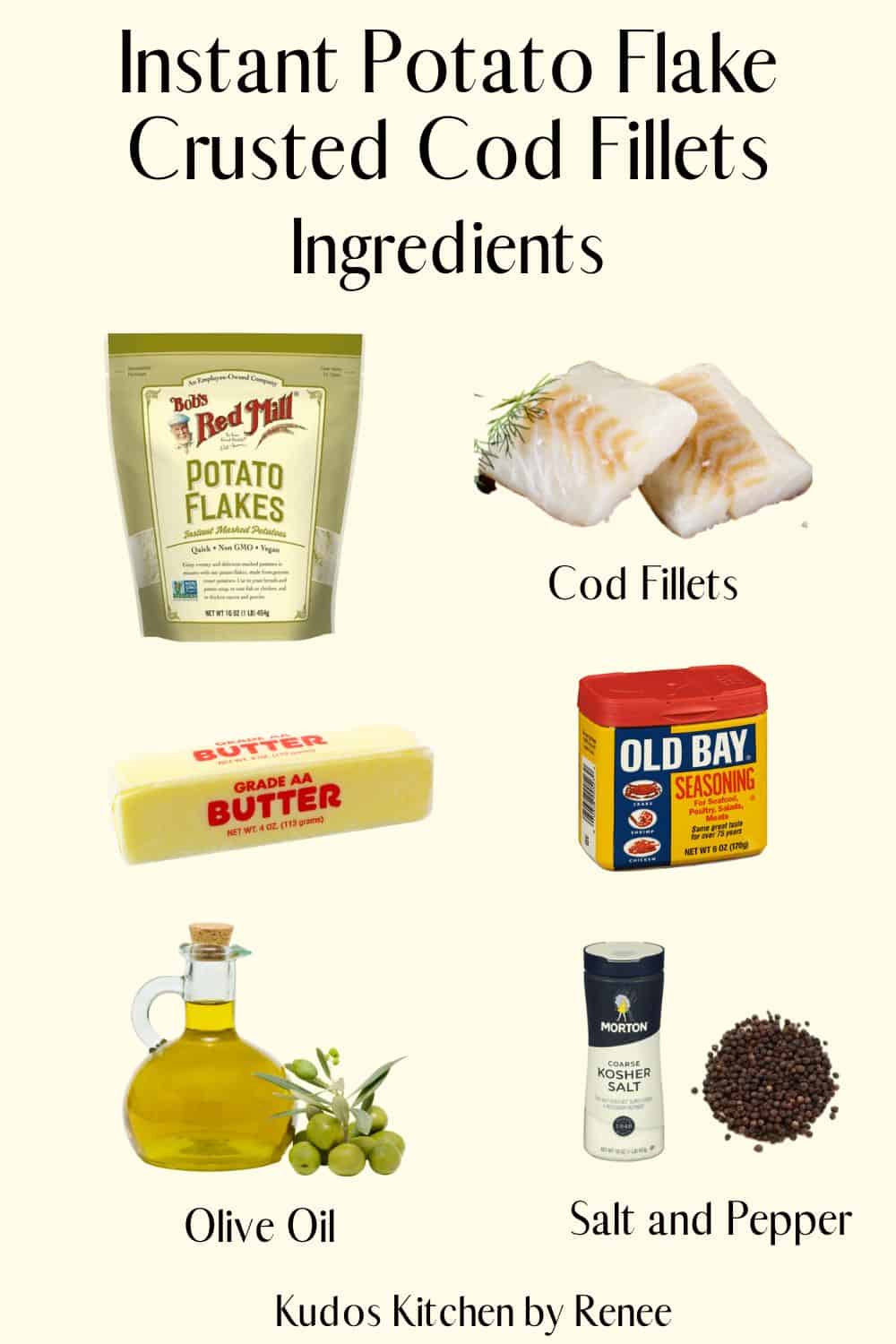 A visual ingredient list for making Air Fryer Potato Crusted Cod.