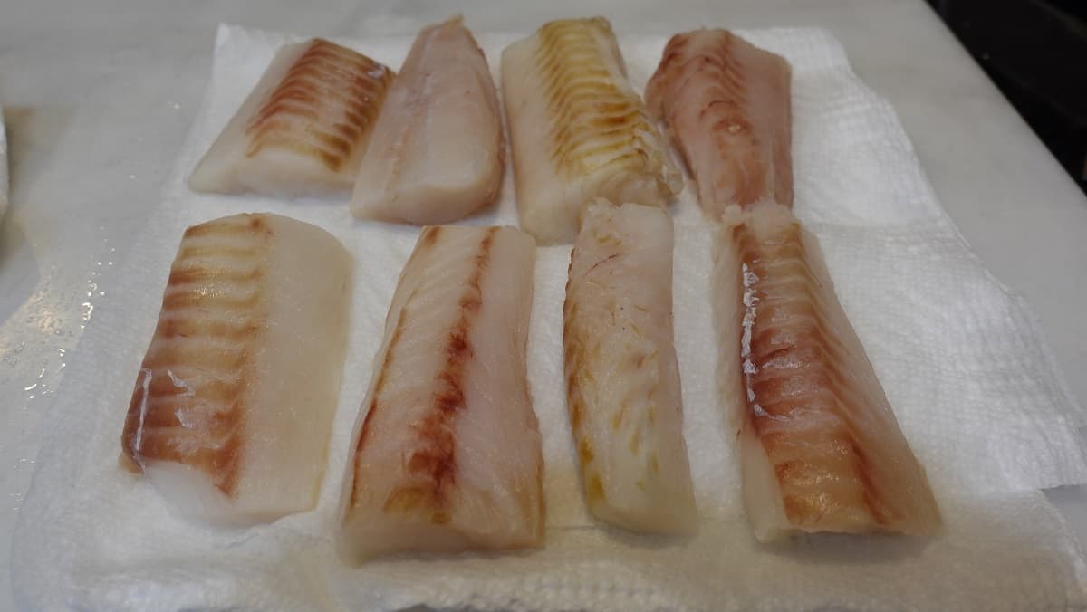 Uncooked cod fillets on paper towels to dry.
