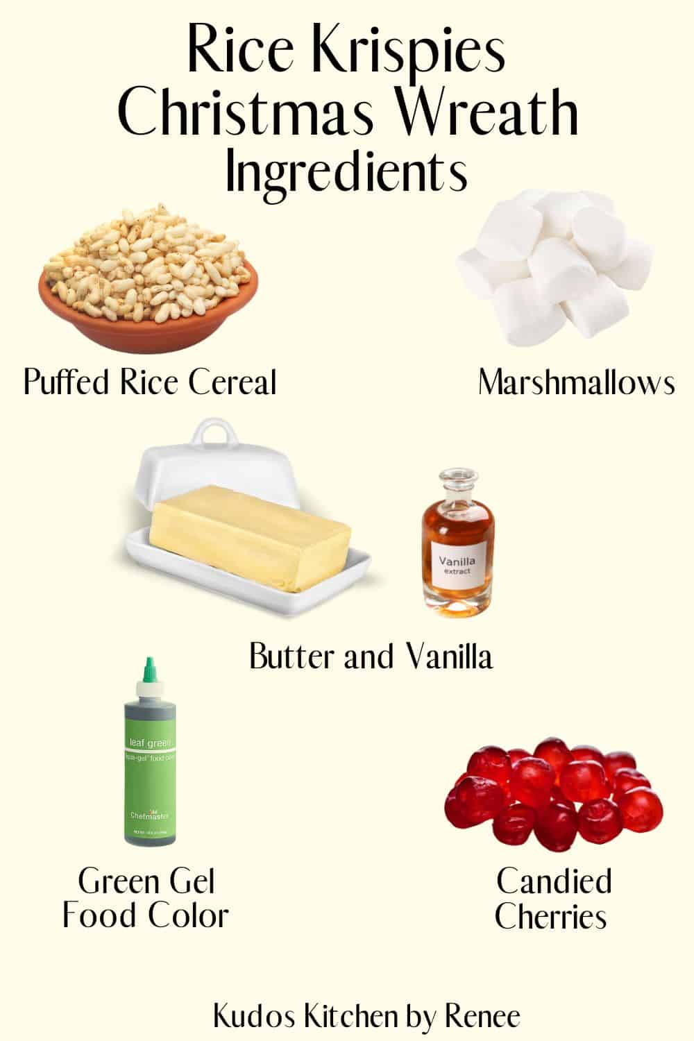 Visual ingredient list for how to make Rice Krispies Christmas Wreath.