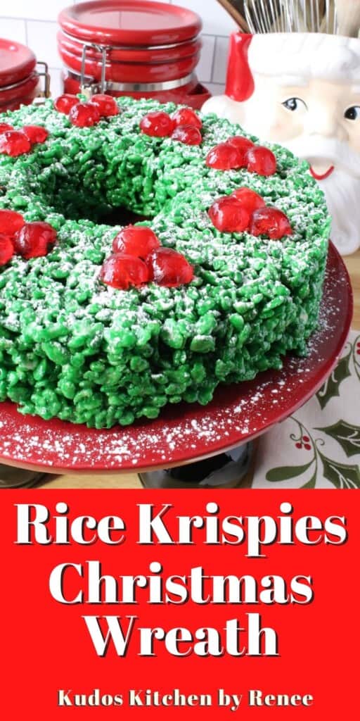 A green Rice Krispies Christmas Wreath treat on a fun red plate.
