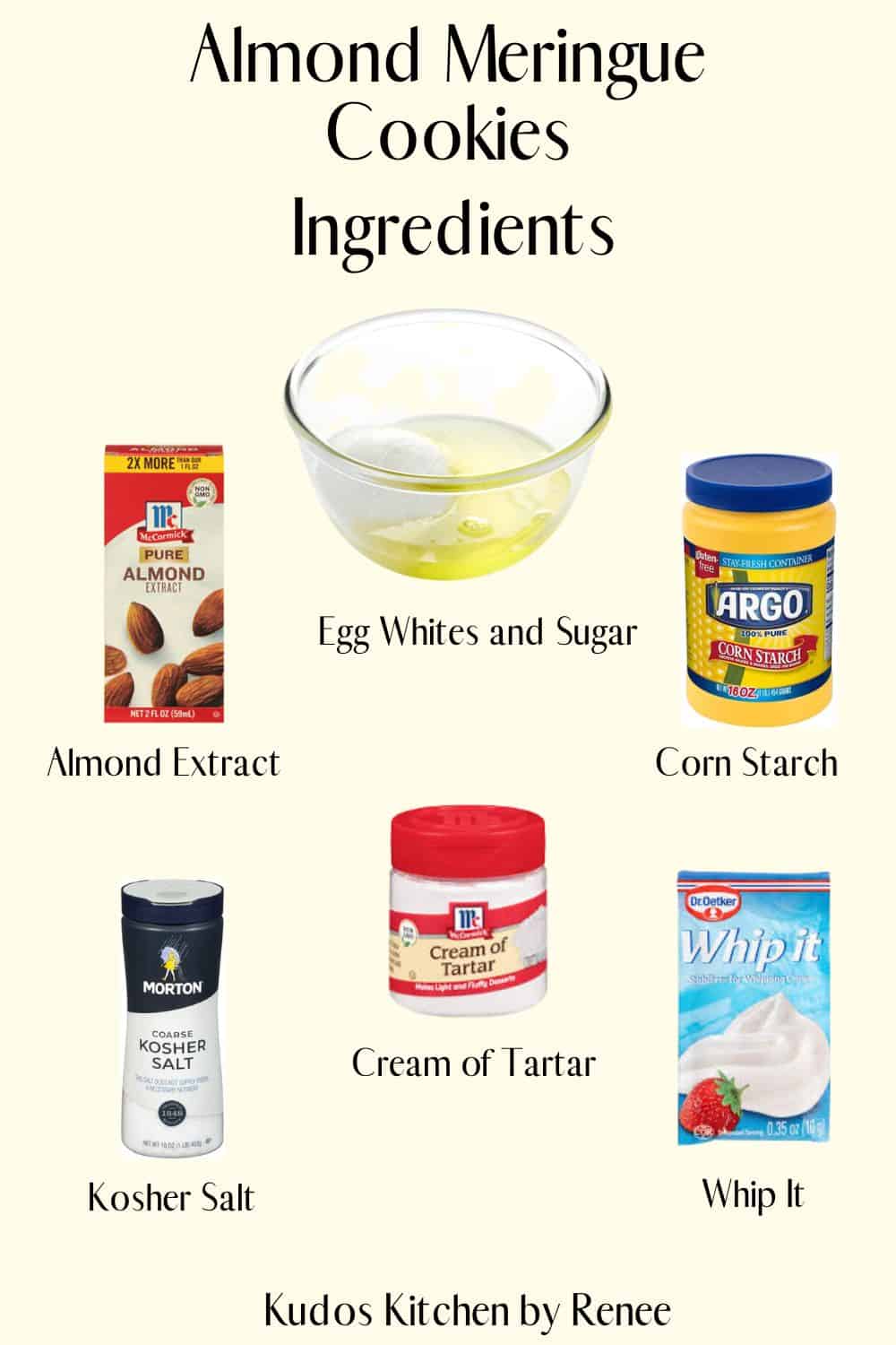 A visual ingredient list for making Almond Meringue Cookies.