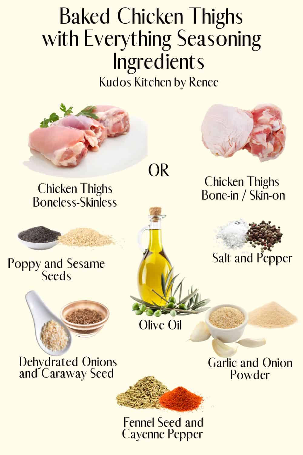 A visual ingredient list for making Baked Chicken Thighs with Everything Seasoning.