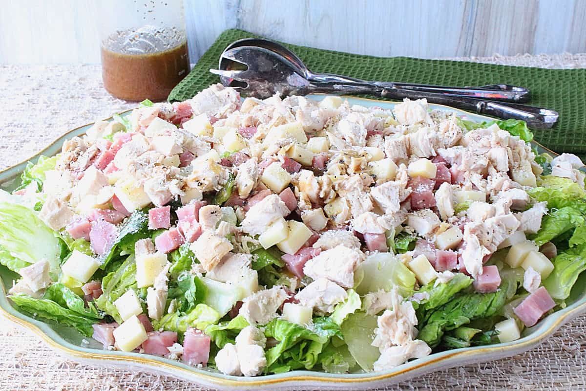 A large platter filled with a Chicken Cordon Bleu Salad.