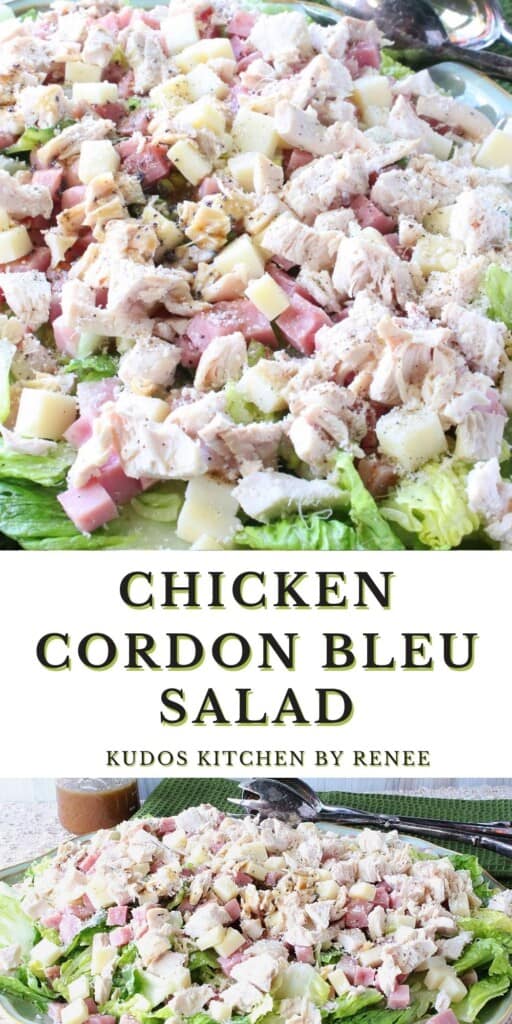 A two image collage of a Chicken Cordon Bleu Salad with meat and cheese.