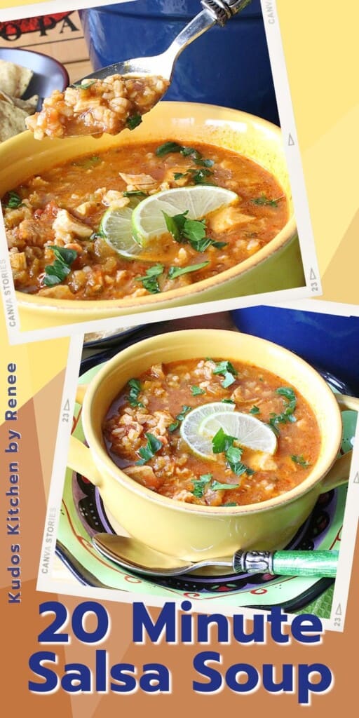 A two image collage for Salsa Soup with Chicken and Rice.