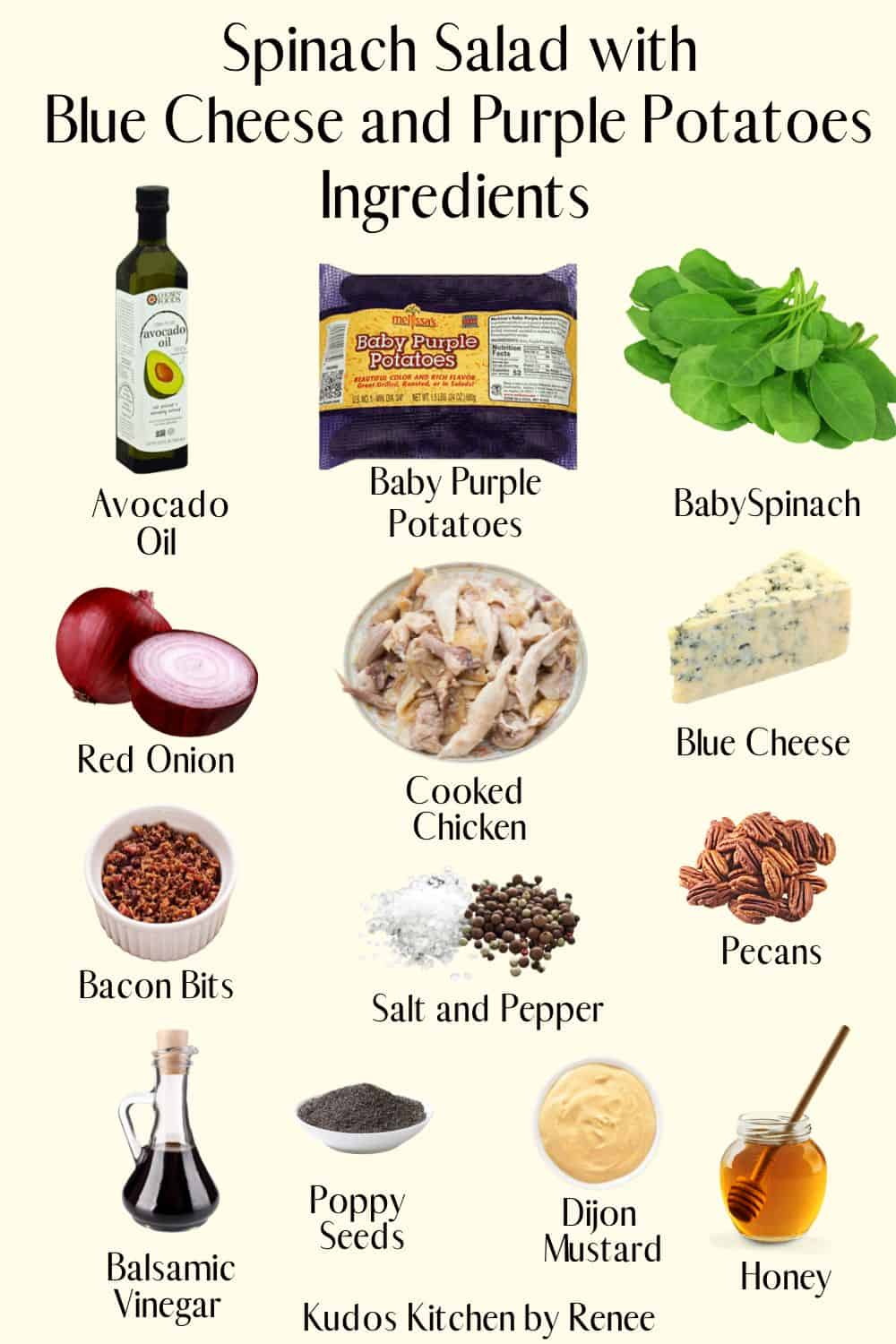 Visual ingredient list for making Spinach Salad with Blue Cheese and Purple Potatoes.