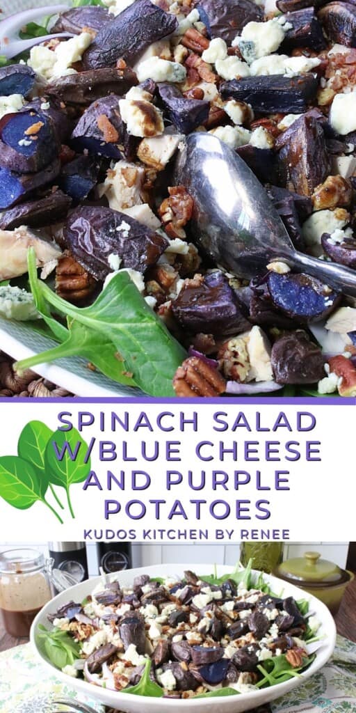 Two image collage of a Spinach Salad with Blue Cheese and Purple Potatoes.