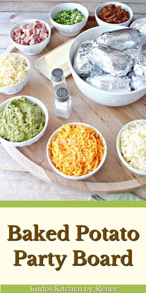 A Baked Potato Party Board with all sorts of toppings in bowls.