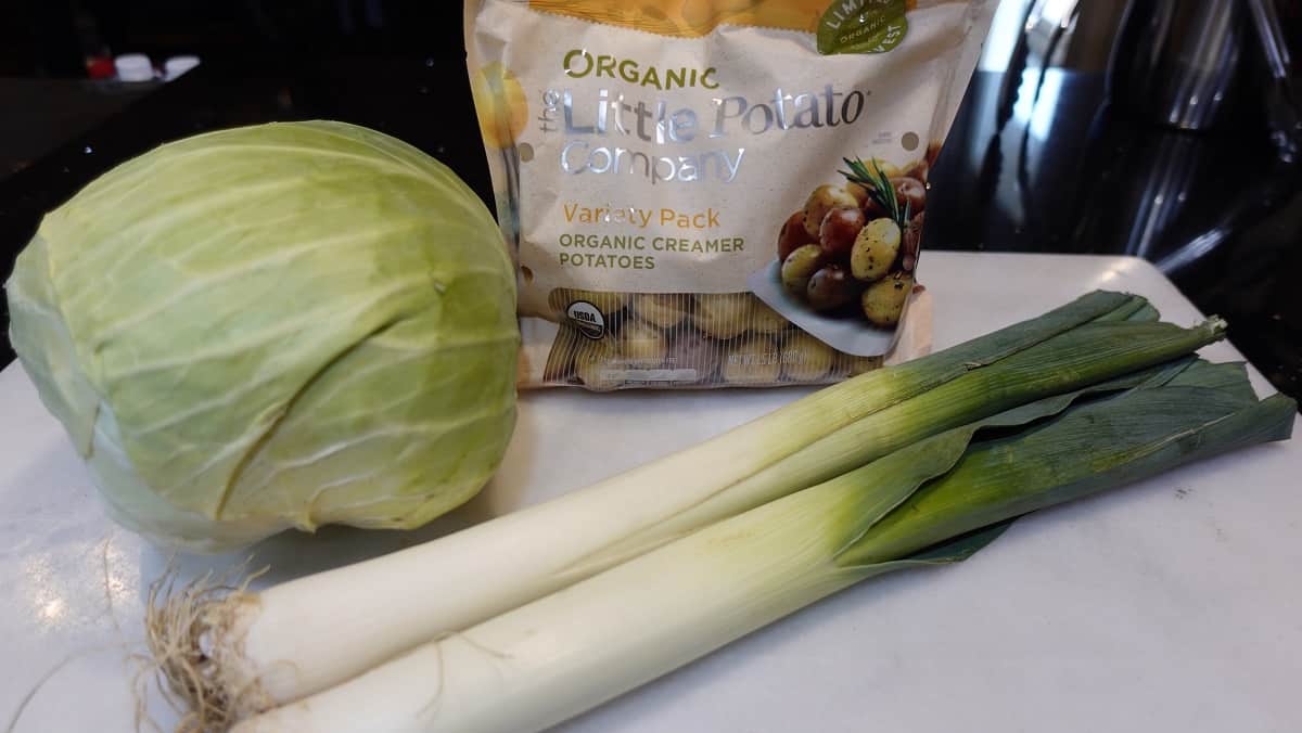 Cabbage Leeks and Baby Potatoes for making an Irish side dish for corned beef.