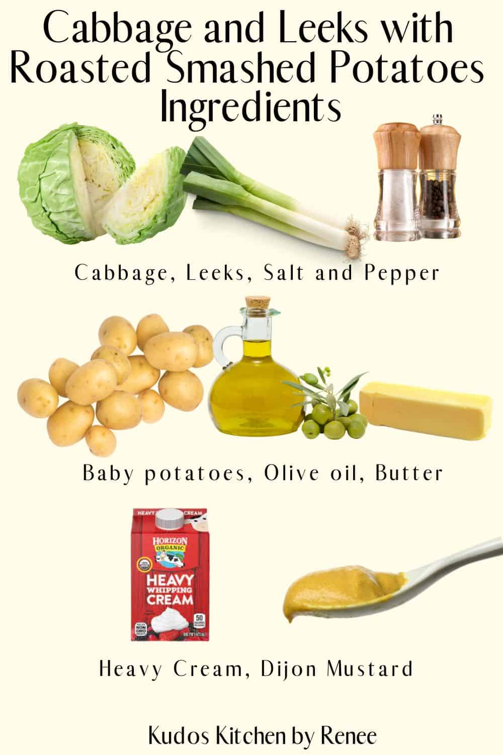 A visual ingredient list for making Fried Cabbage and Leeks with Roasted Smashed Potatoes for St. Patrick's Day.