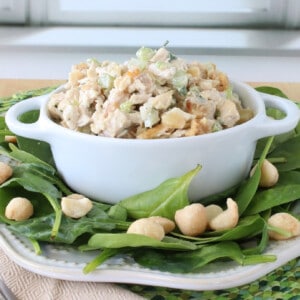 Fresh spinach leaves with macadamia nuts surrounding some Hawaiian Chicken Salad.