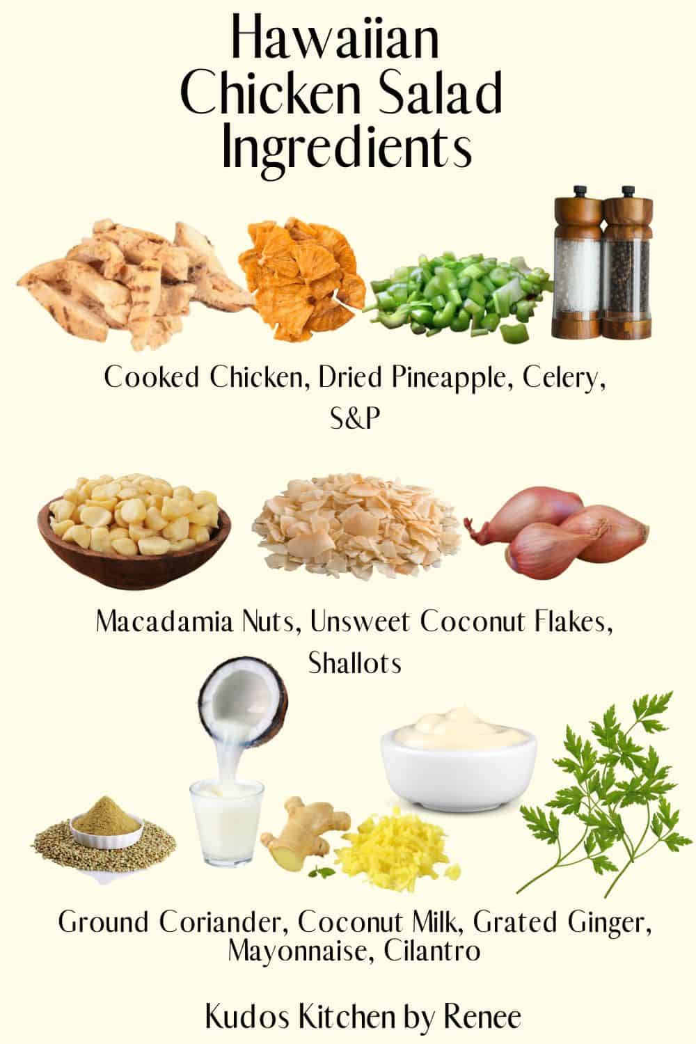 Visual ingredient list for how to make Hawaiian Chicken Salad.