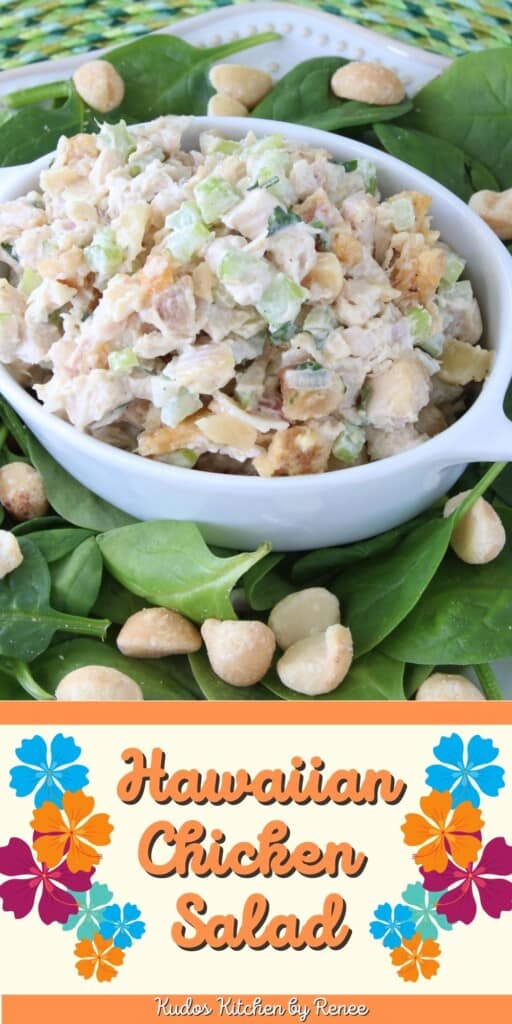 Colorful image with title text for Hawaiian Chicken Salad.