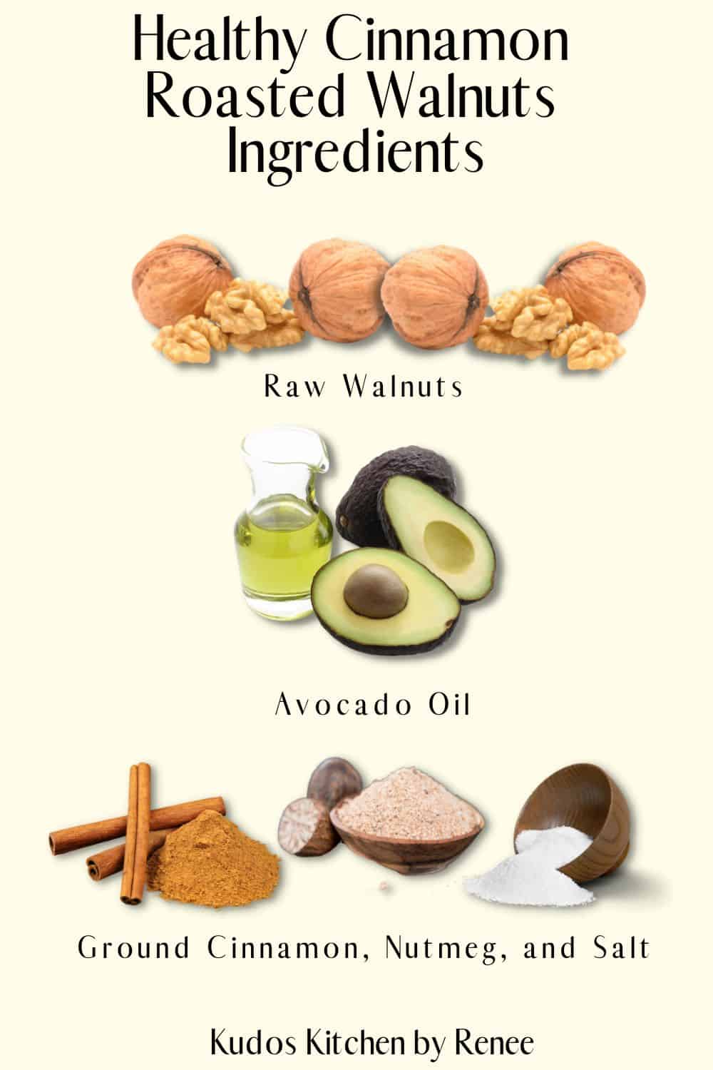 A visual ingredient list for making Healthy Cinnamon Roasted Walnuts.