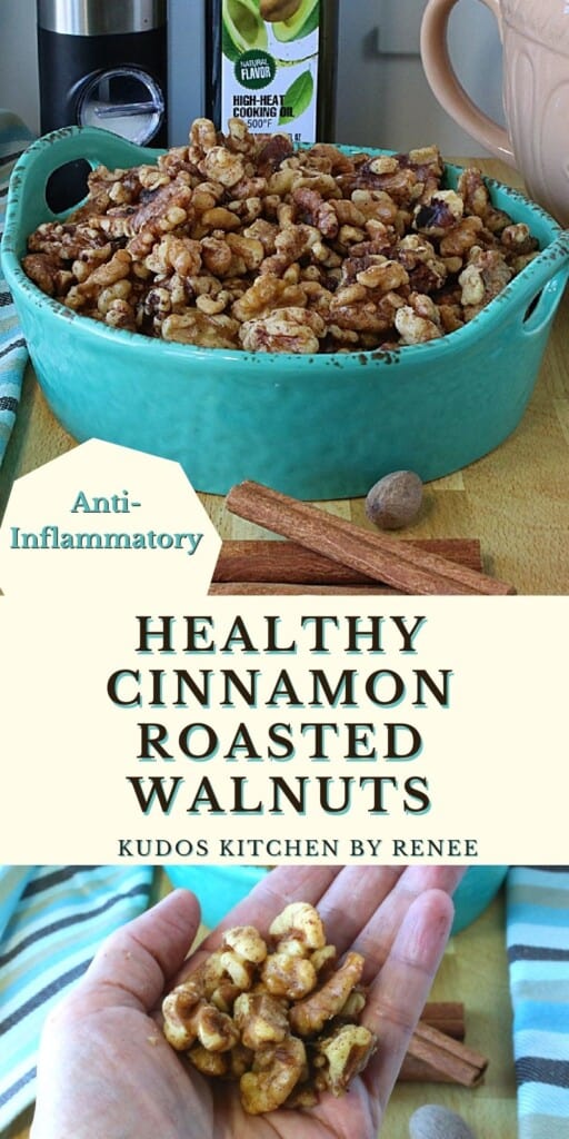 A handful of Anti-Inflammatory Roasted Walnuts with Cinnamon along with a bowlful of walnuts.