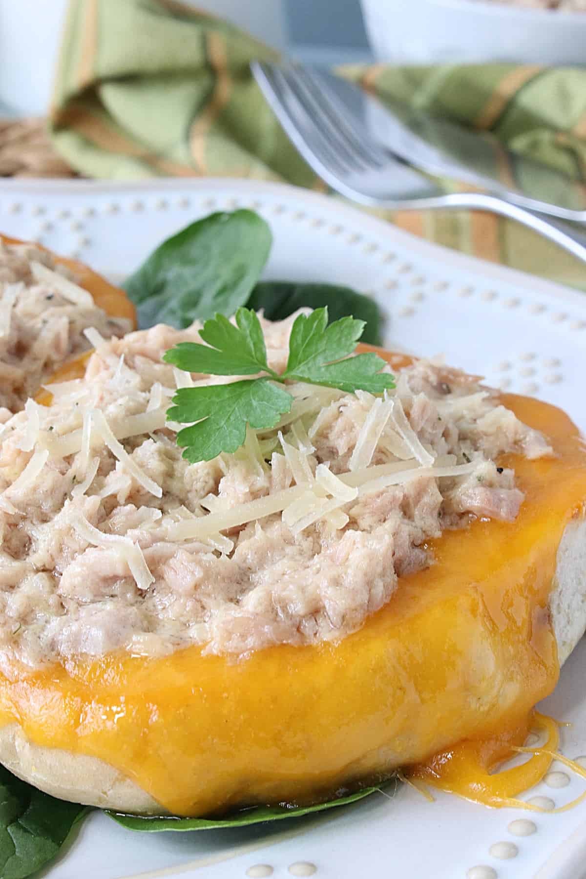 Melted cheddar cheese and tuna salad on a bagel.