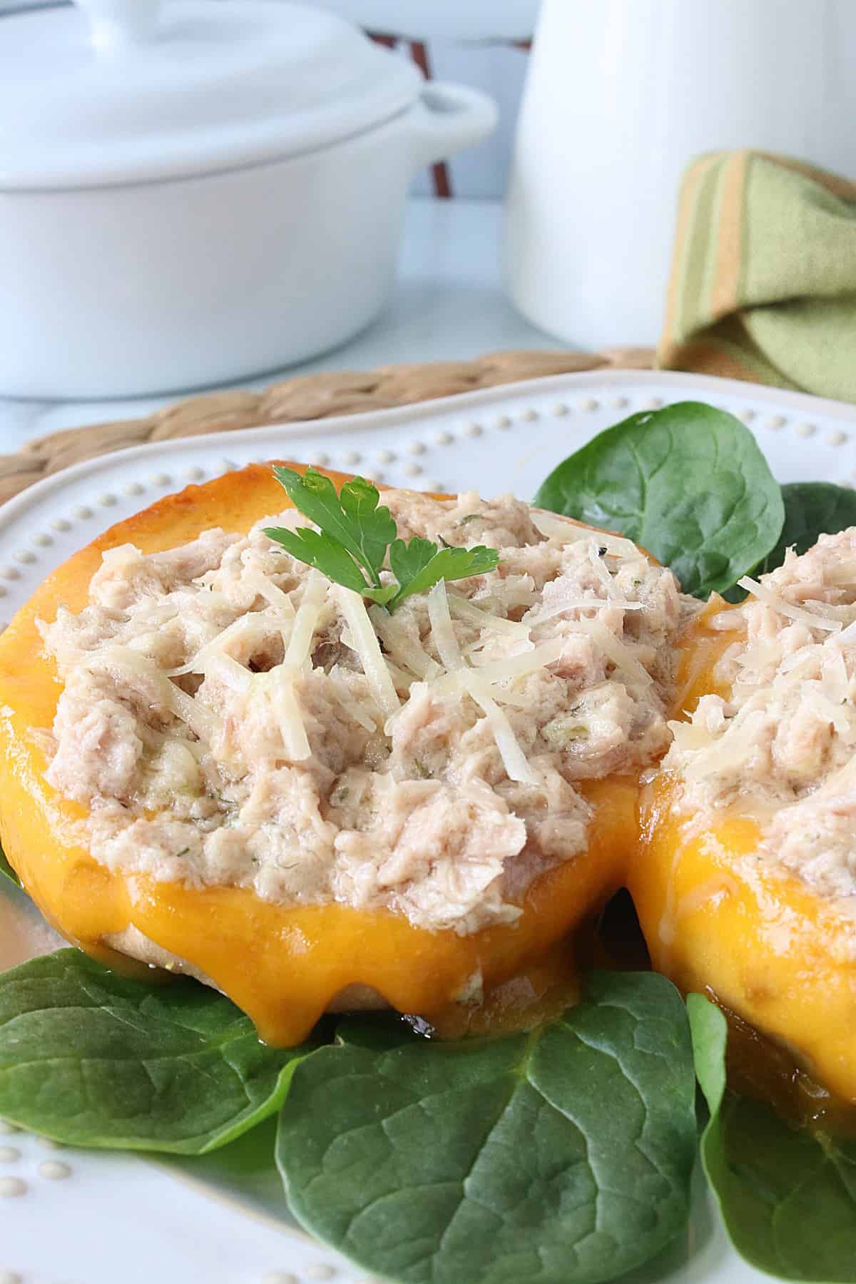 Tuna salad on a bagel with melted cheddar cheese.