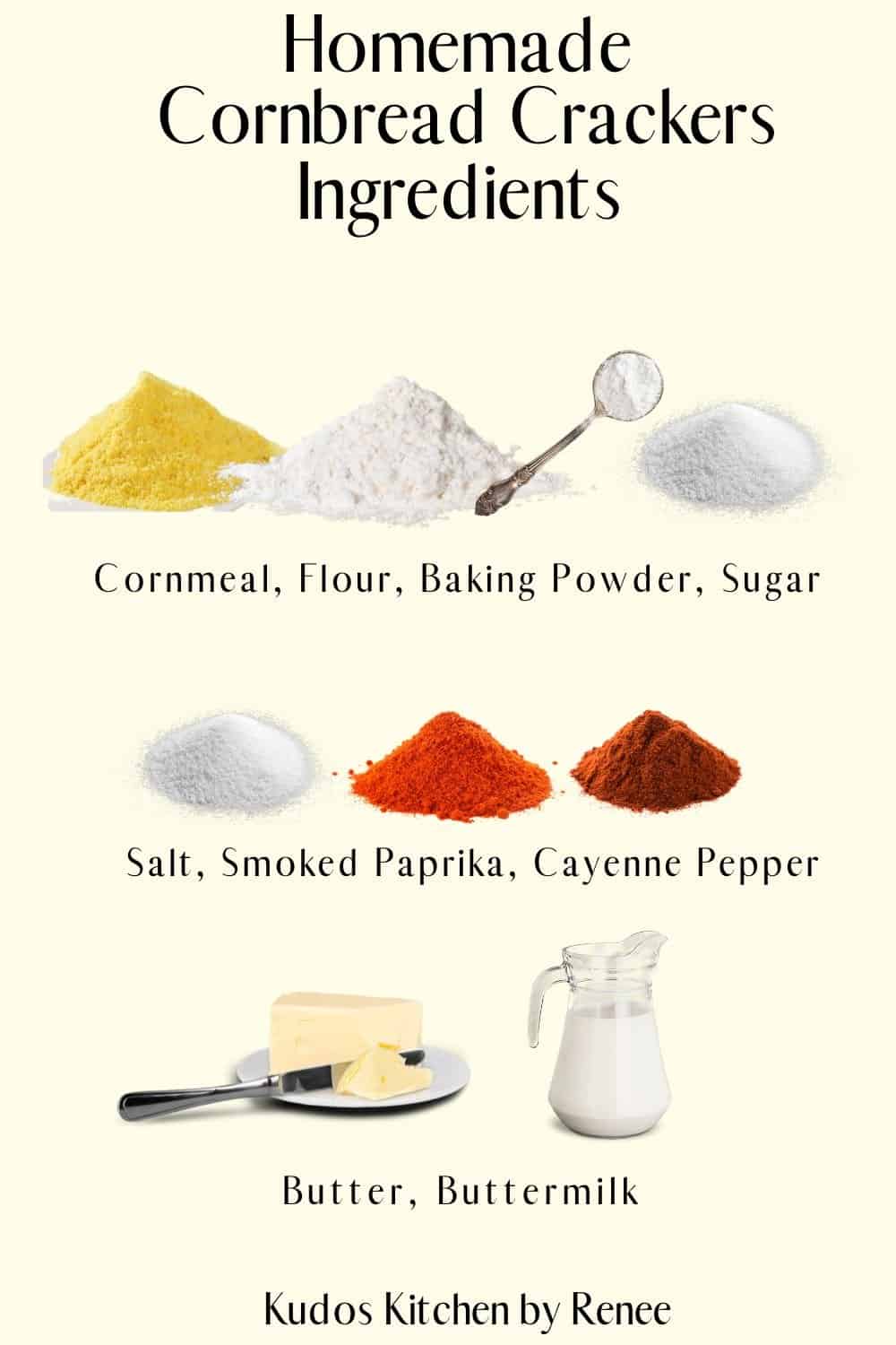 A visual ingredient list for what's needed to make Homemade Cornbread Crackers.