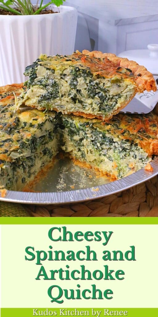 A Spinach and Artichoke Quiche in a aluminum pie plate with a slice of quiche on top.