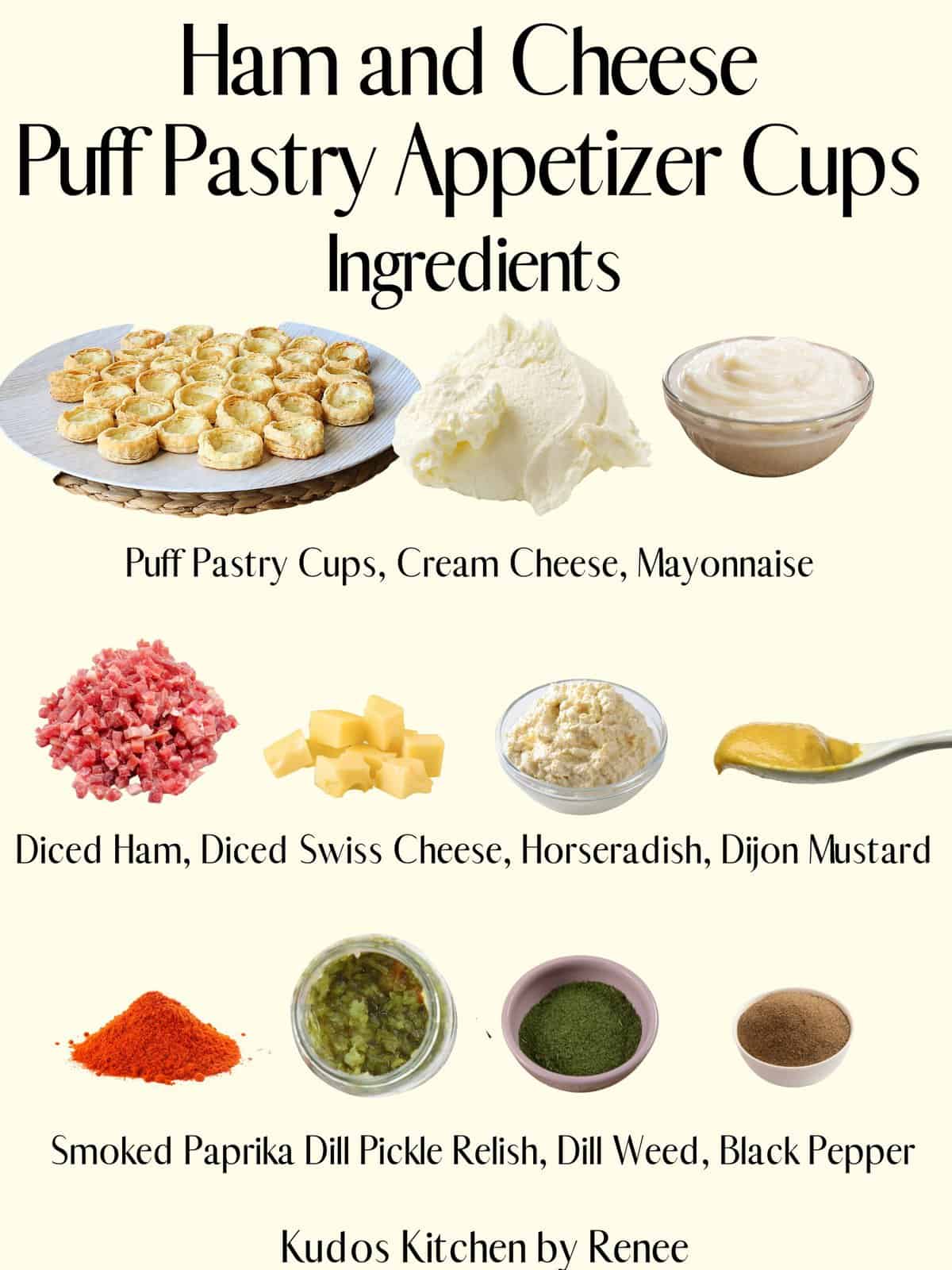 A visual ingredient list for making Ham and Cheese Puff Pastry Appetizer Cups.