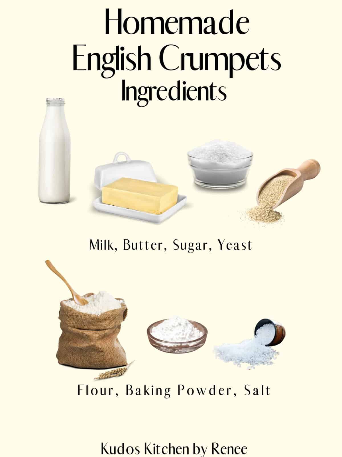 A visual ingredient list for making Homemade English Crumpets.