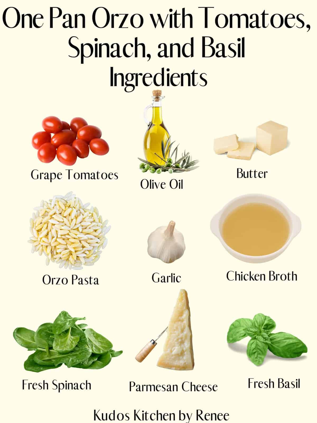 A visual list of ingredients to make One Pan Orzo with Tomatoes, Spinach, and Basil.