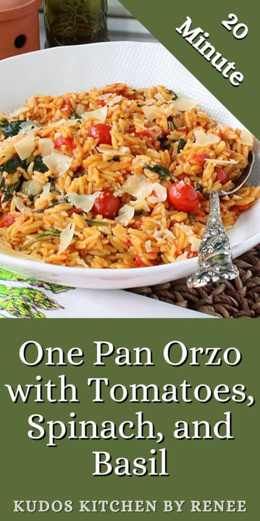 A pinterest image for One Pan Orzo with Tomatoes.