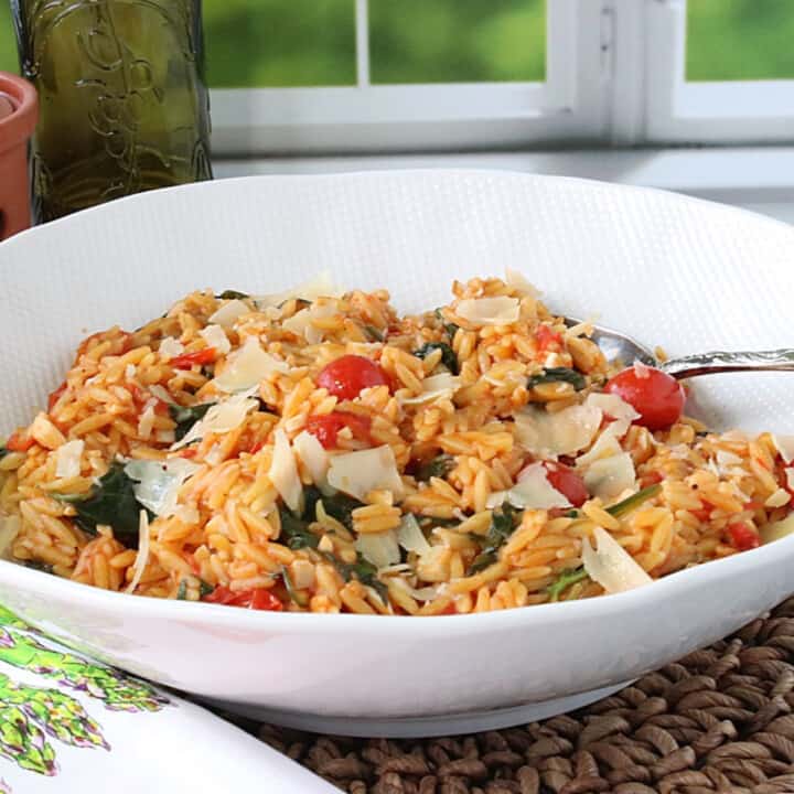 One Pan Orzo with Tomatoes, Spinach, and Basil - Kudos Kitchen by Renee