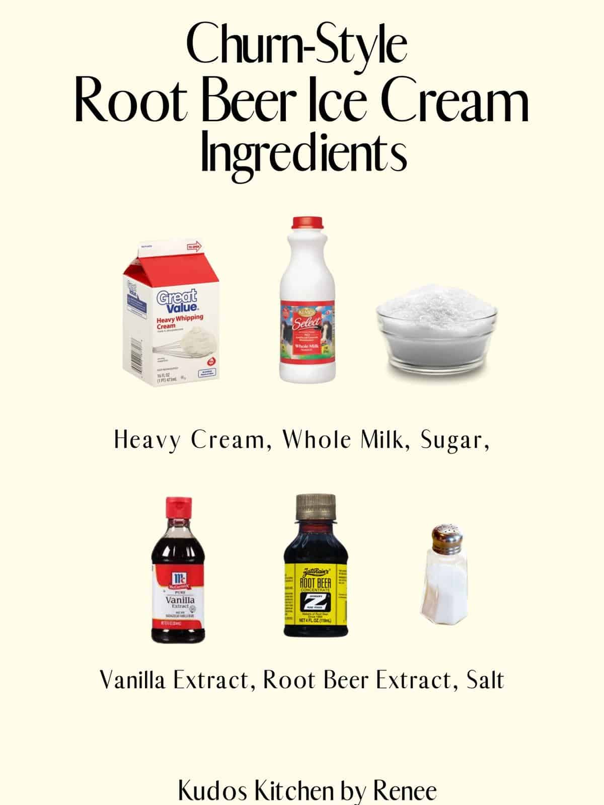 The visual ingredient list for making Churn-Style Root Beer Ice Cream.