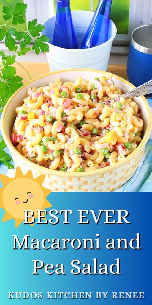 A delicious Macaroni and Pea salad served in a cute ceramic bowl.