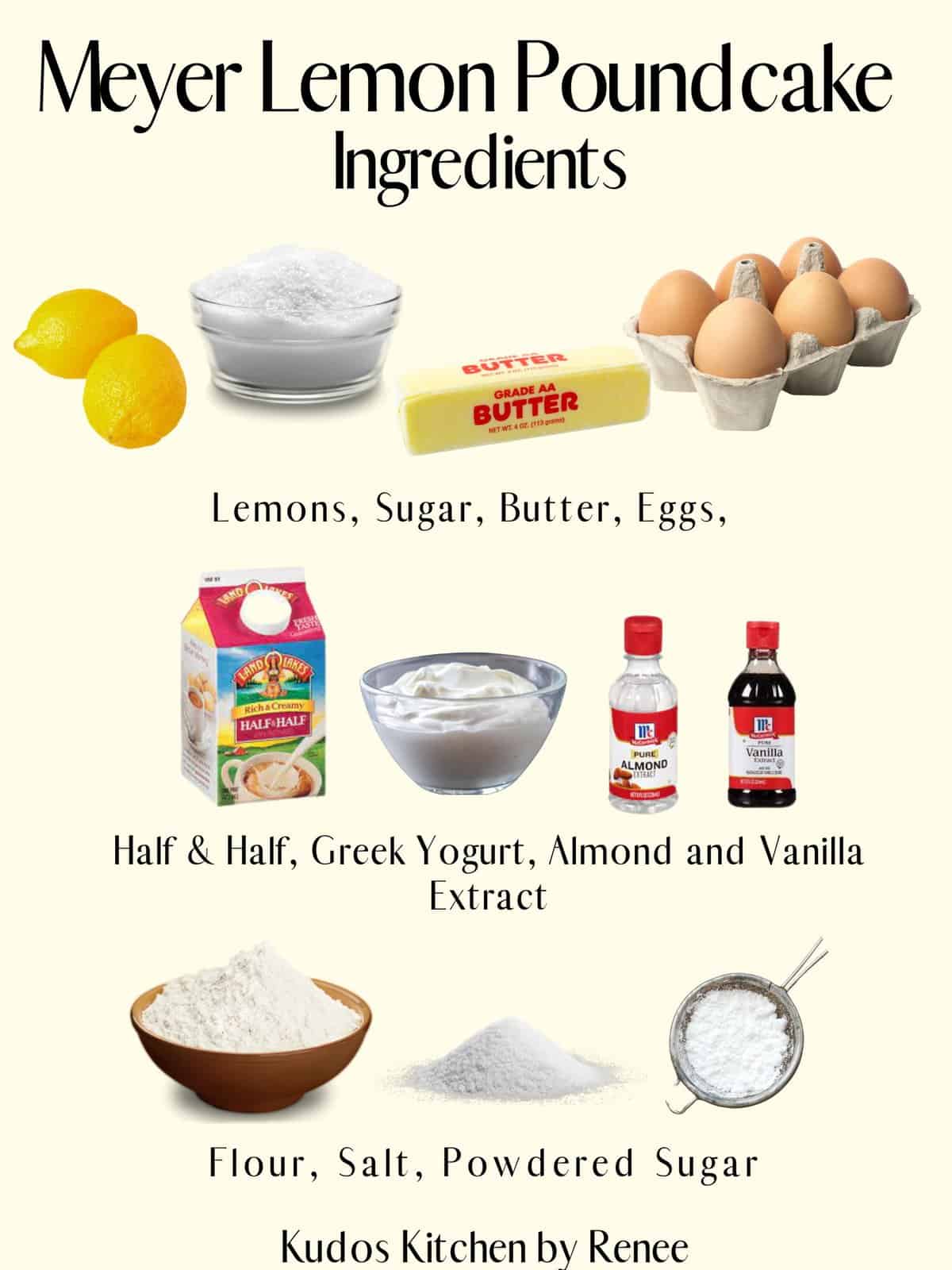 A visual ingredient list for making Meyer lemon pound cake.