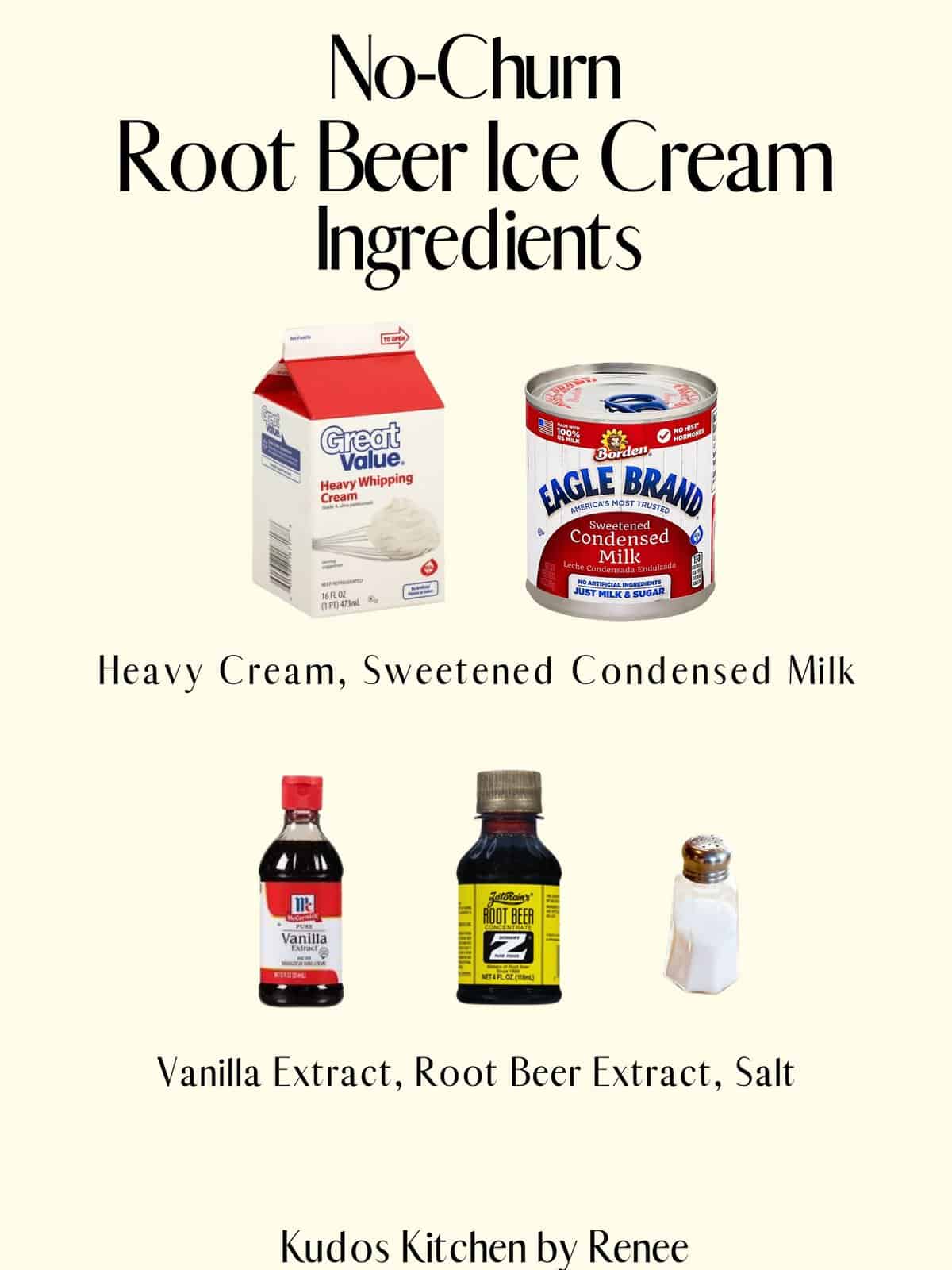 A visual ingredient list for making no-churn root beer ice cream.