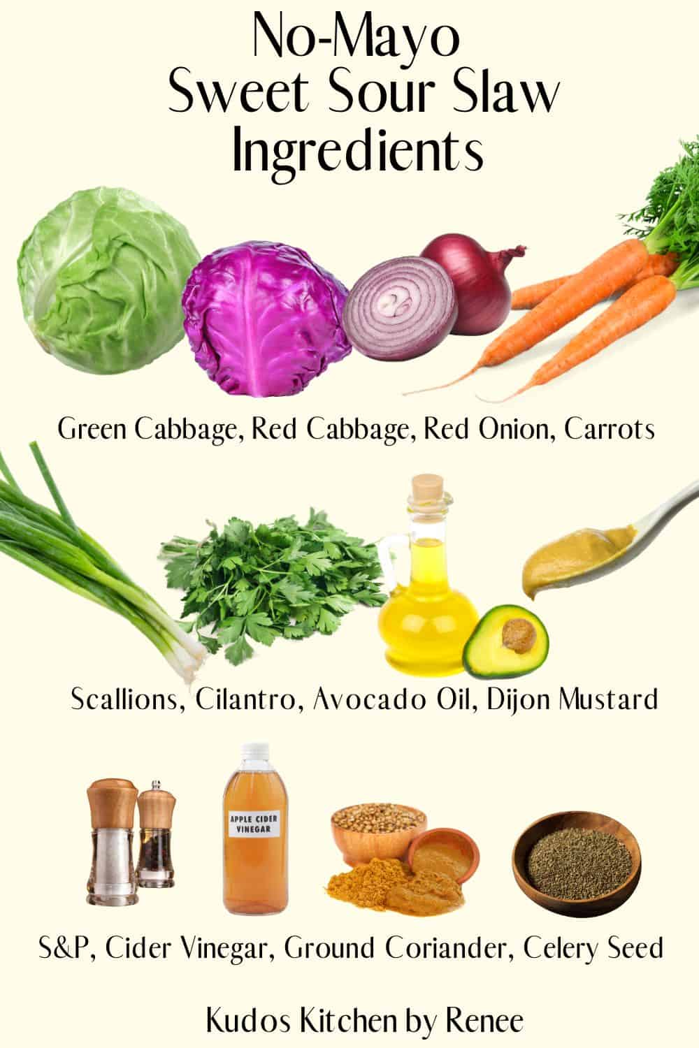 A visual ingredient list for making the recipe of No Mayo Sweet Sour Coleslaw.
