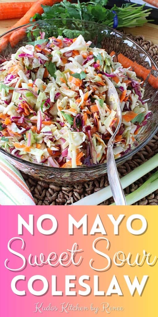 A colorful bowl of No Mayo Sweet Sour Coleslaw with title text for pinterest.