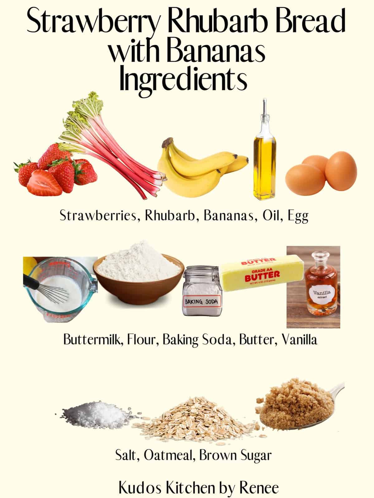 A visual ingredient collage of what is needed to make Strawberry Rhubarb Bread with Bananas. 